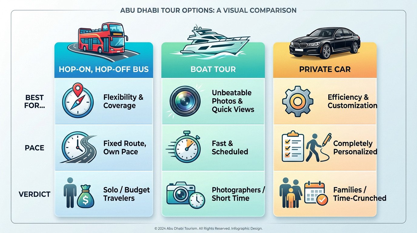 Visual comparison of Abu Dhabi tour options: bus, boat, and private car