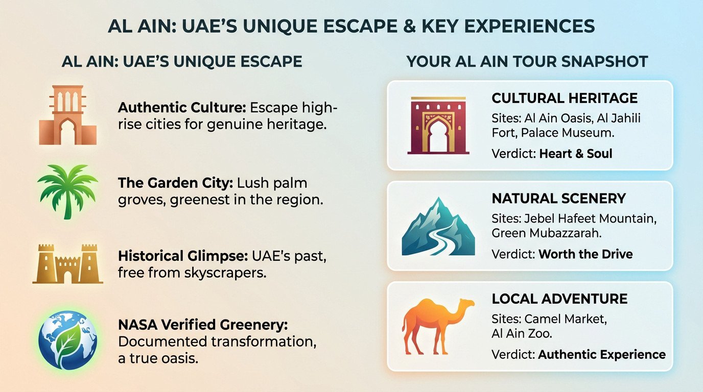 Infographic detailing key experiences for an Al Ain city tour including culture, nature, and adventure