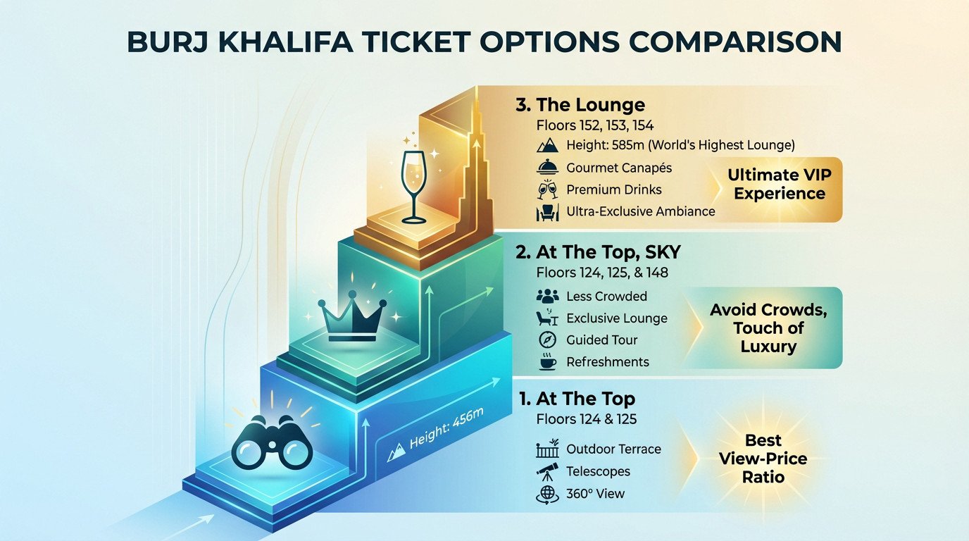 Comparison of Burj Khalifa ticket tiers showing access levels for At The Top, Sky, and The Lounge