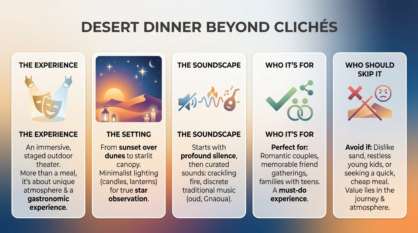Infographic detailing the immersive elements of a desert dinner experience beyond the clichés