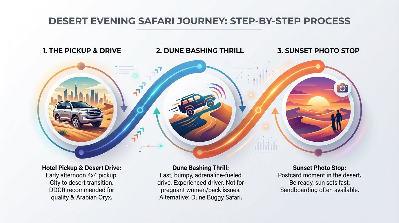 Step-by-step visual guide of an evening desert safari in Dubai showing 4x4 pickup and dune activities