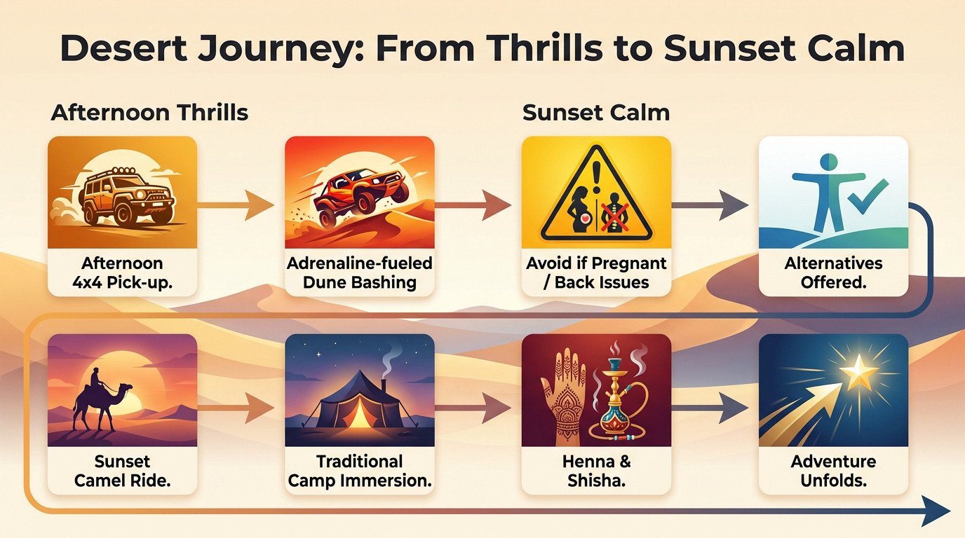 4x4 vehicle driving on sand dunes during an overnight desert safari