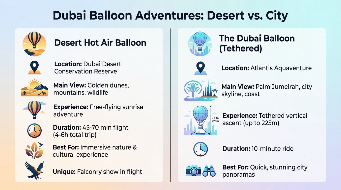 Comparison between a hot air balloon over Dubai desert dunes and the tethered balloon over Palm Jumeirah