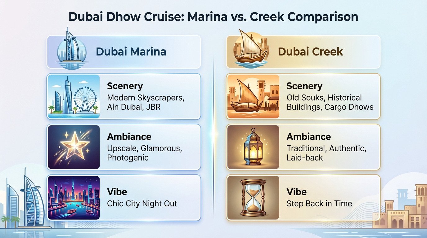 Comparison between traditional dhow cruise in Dubai Creek and modern dinner cruise in Dubai Marina