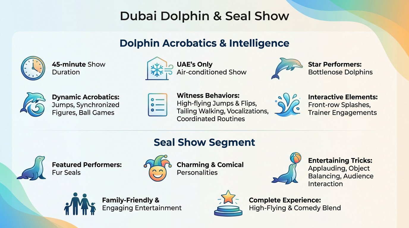 Acrobatic dolphin performance at Dubai Dolphinarium during the live show