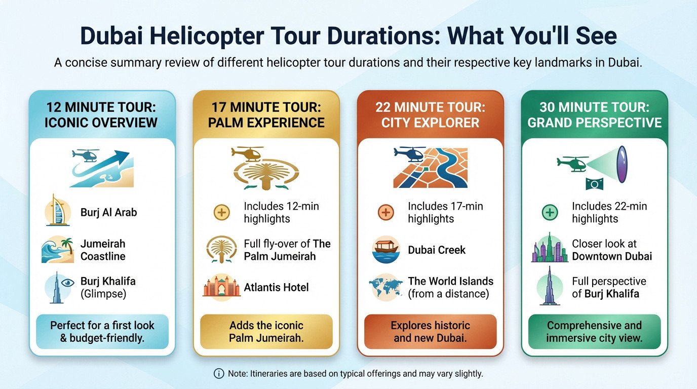 Comparison chart of Dubai helicopter tour durations and visible landmarks