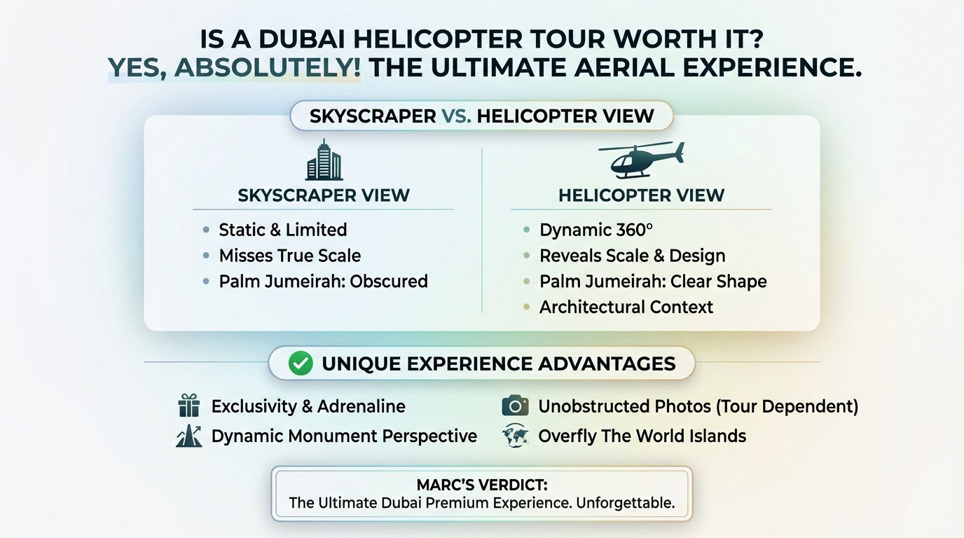 Aerial view of The Palm Jumeirah during a Dubai helicopter tour
