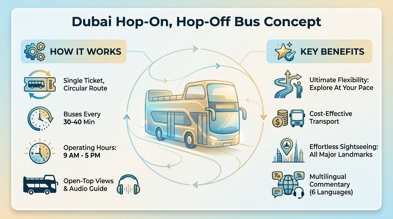 Infographic illustrating the Big Bus Dubai hop-on hop-off concept with bus routes and flexibility features