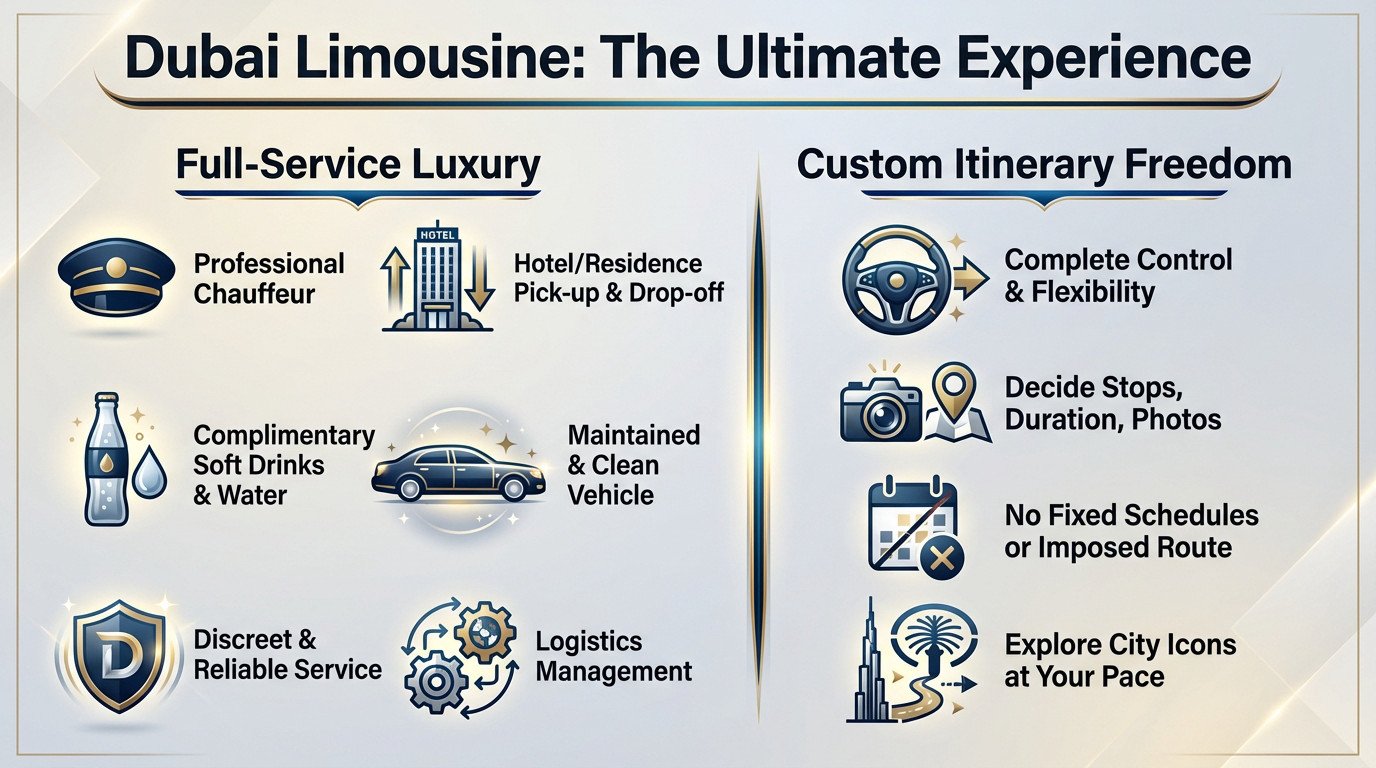 Luxury limousine service in Dubai featuring a professional chauffeur and premium vehicle