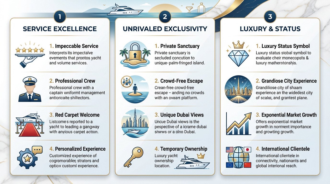 Exclusive view of Dubai skyline from a private luxury yacht deck