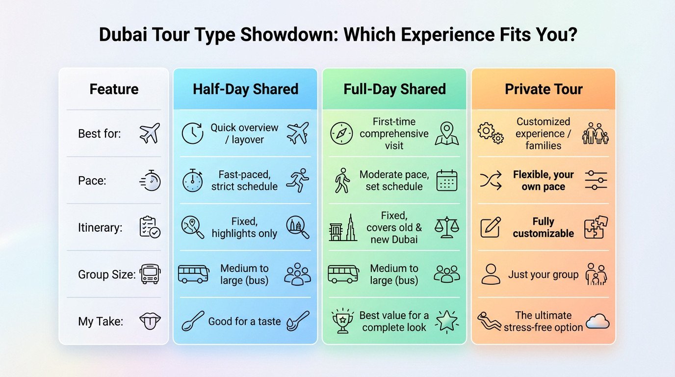 Comparison chart showing differences between half-day shared, full-day shared, and private Dubai tours based on pace and flexibility