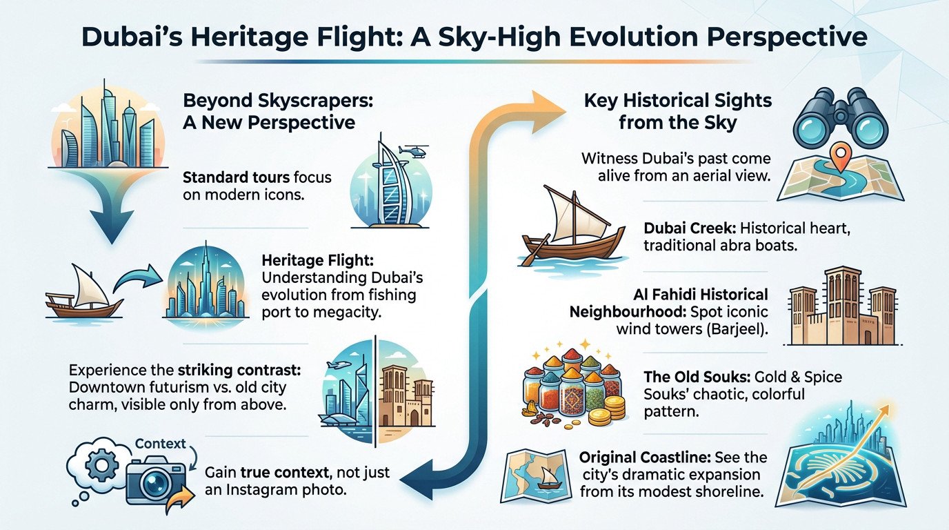 Aerial view of <strong>Dubai Creek</strong> and historical Al Fahidi neighborhood contrasting with modern skyline »></p>
<div id=