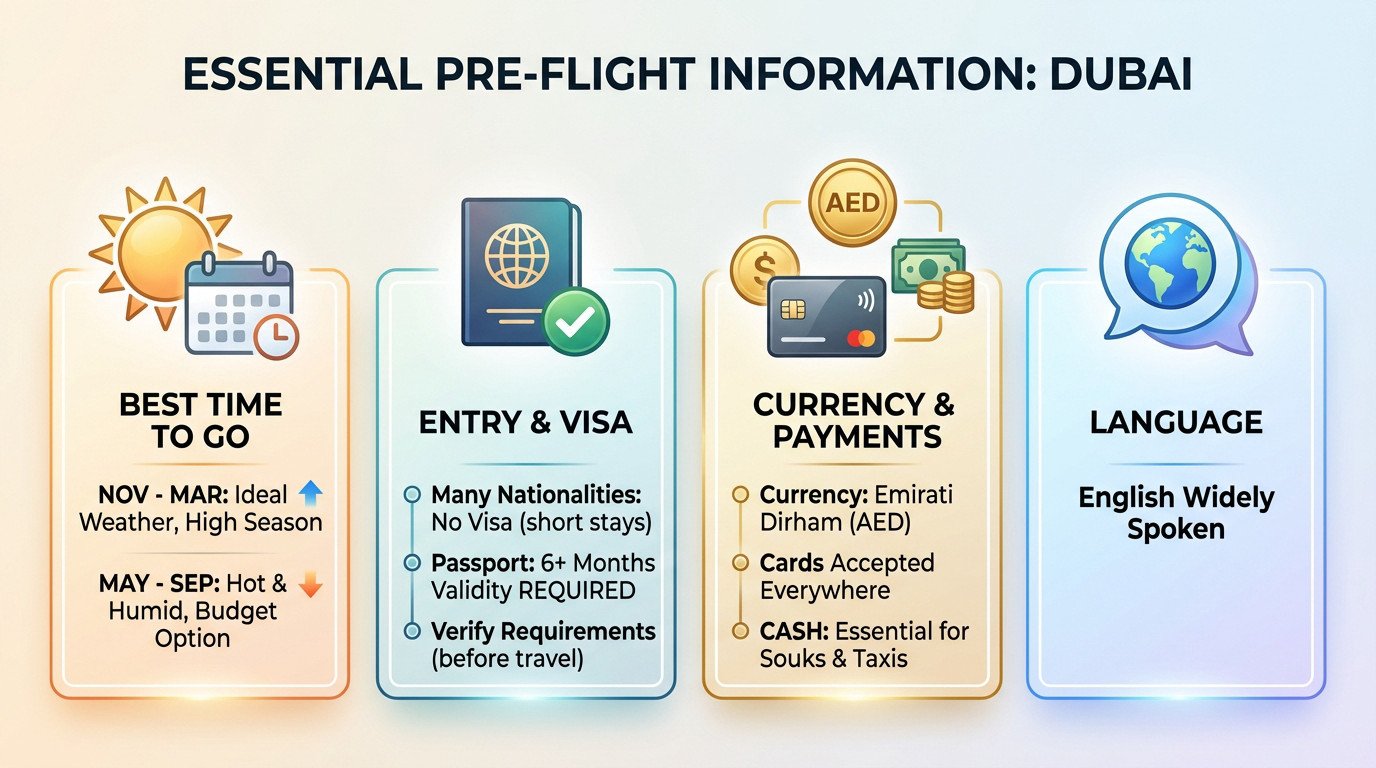 Aerial view of Dubai skyline and coast representing essential travel planning