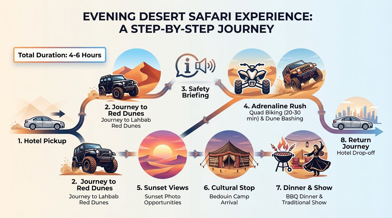 Timeline of an evening desert safari in Dubai showing quad biking and BBQ dinner