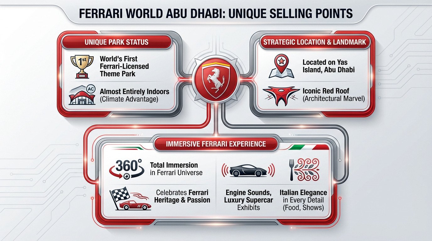 Aerial view of the iconic red roof of Ferrari World Abu Dhabi on Yas Island