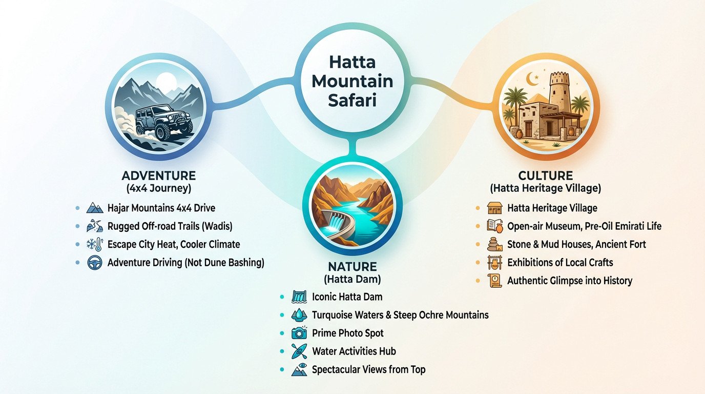 Hatta mountain safari 4x4 vehicle exploring the rugged Hajar mountains terrain