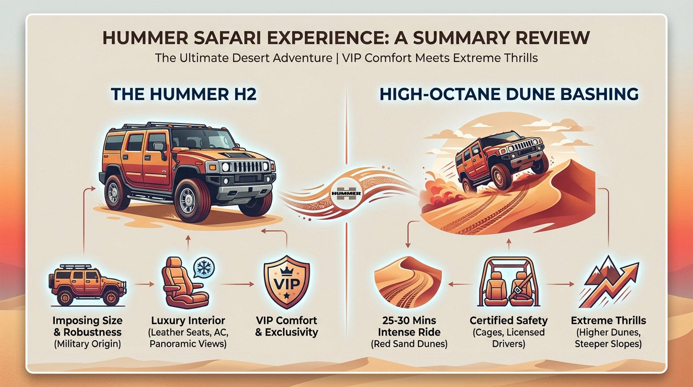 Yellow Hummer H2 driving through red sand dunes during a desert safari