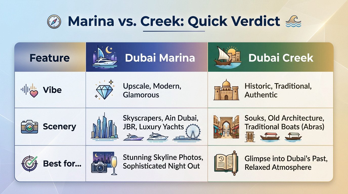 Comparison table between Dubai Marina and Dubai Creek dhow cruise experiences