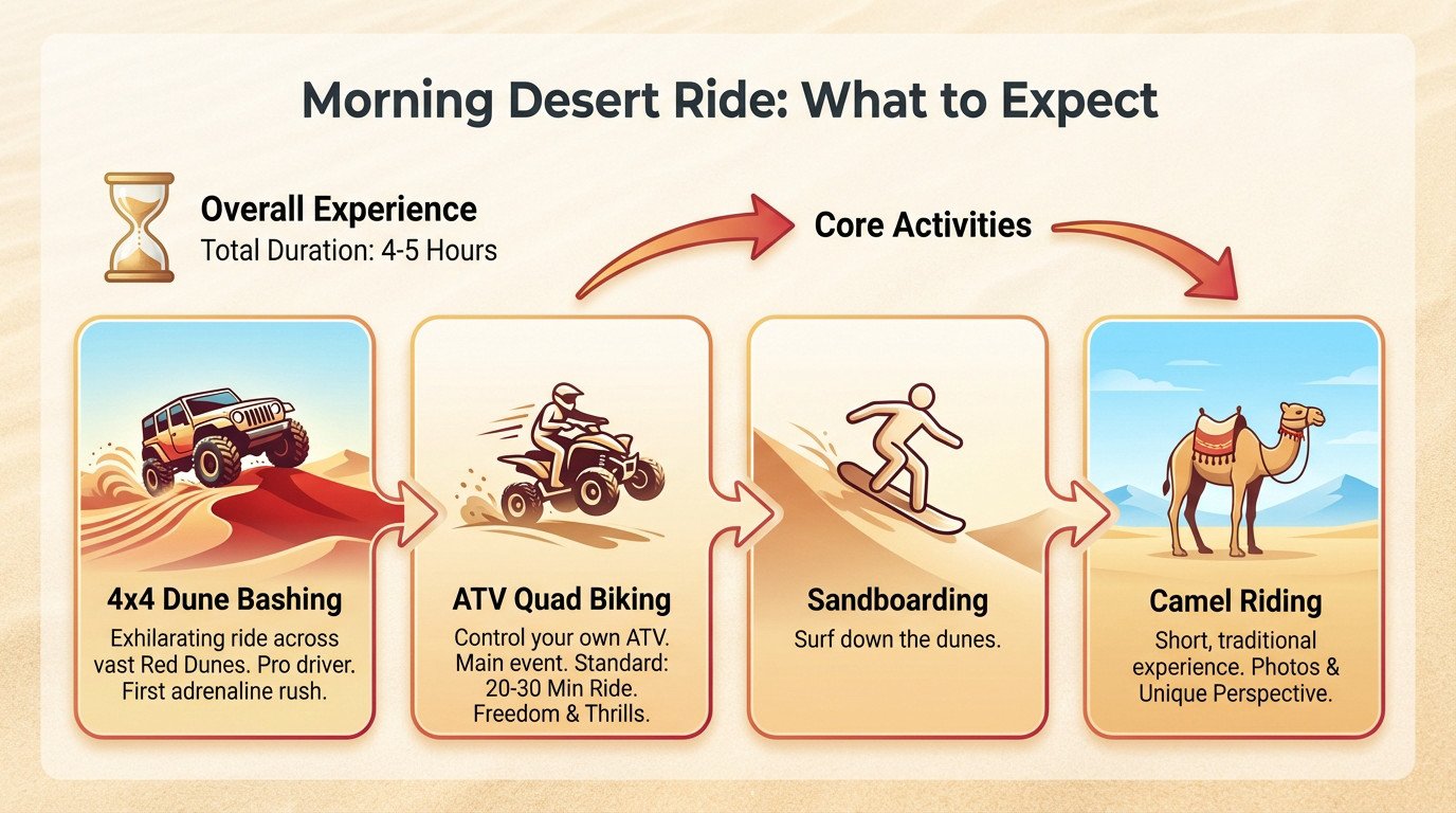 Infographic showing the key activities of a morning desert ride in Dubai including quad biking and dune bashing