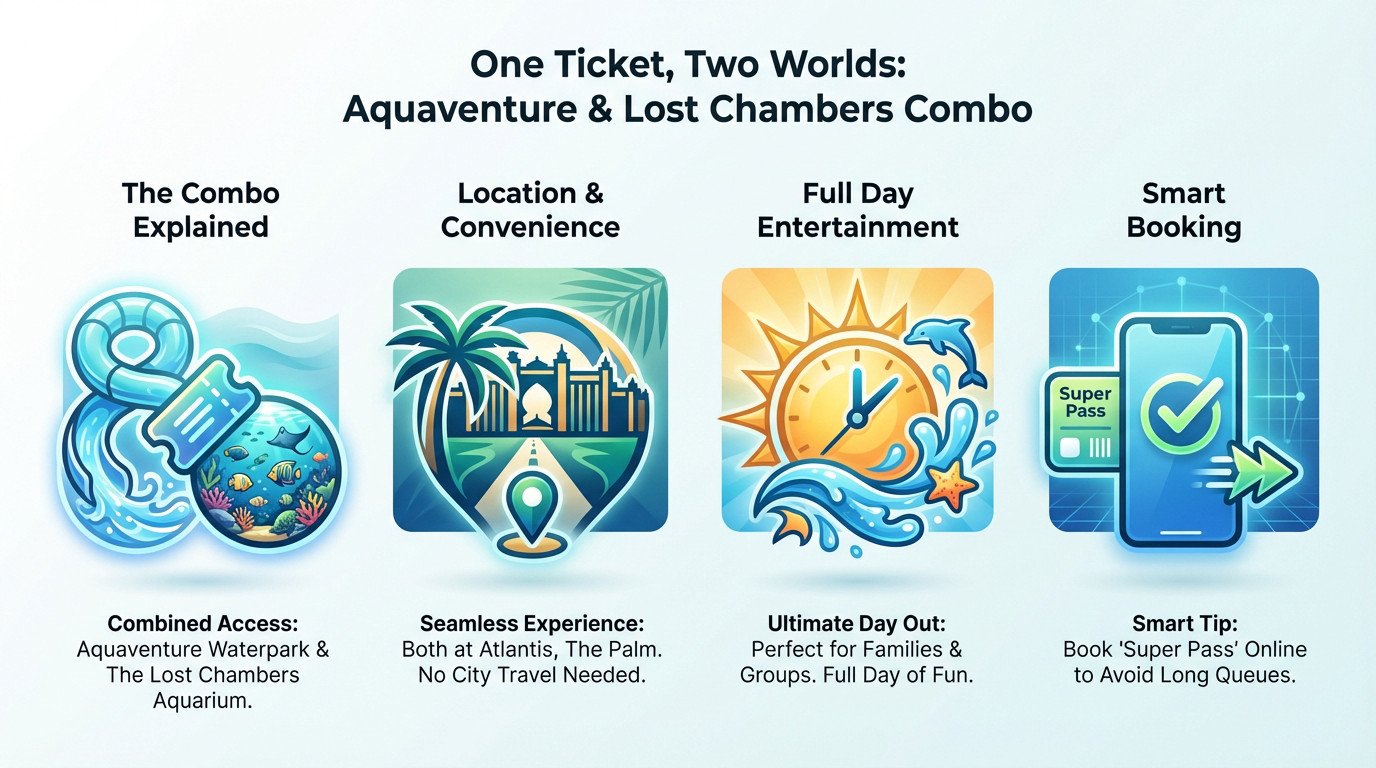 Panoramic view of Atlantis The Palm showing the proximity of Aquaventure Waterpark slides and The Lost Chambers Aquarium