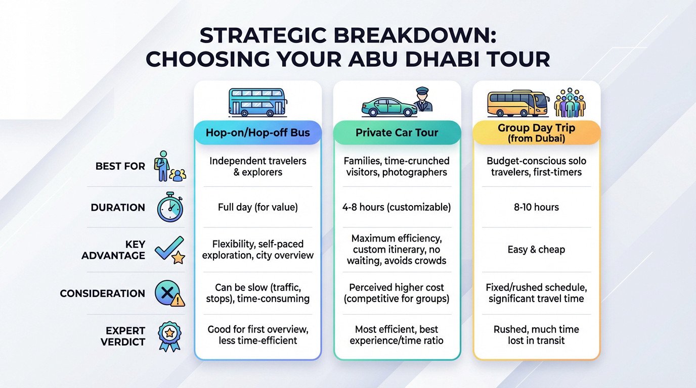Comparison of Abu Dhabi tour options showing bus and private car icons