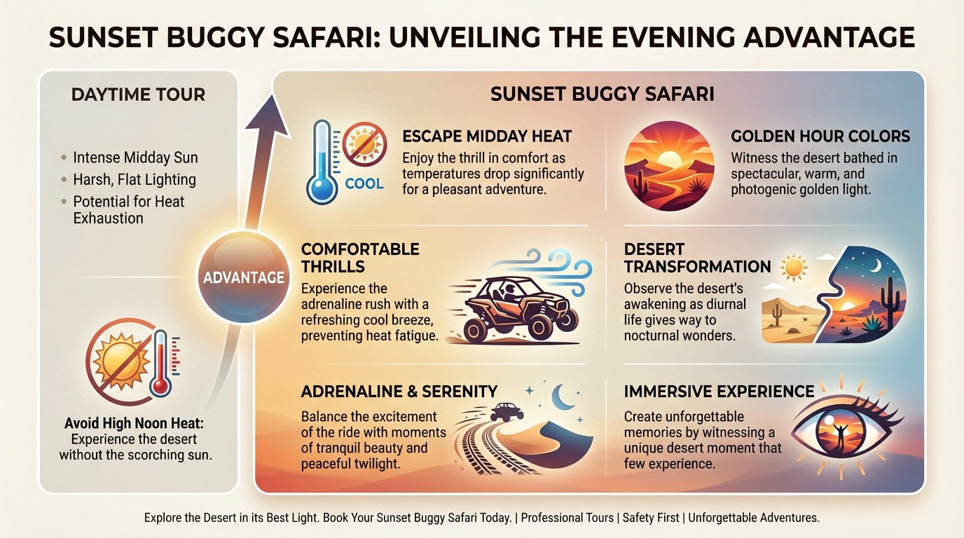 Dune buggy driving through desert sands during a golden sunset