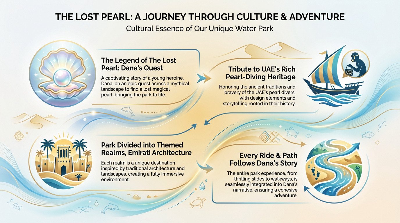 Illustration of The Legend of The Lost Pearl featuring Dana and the pearl diving heritage at Yas Waterworld