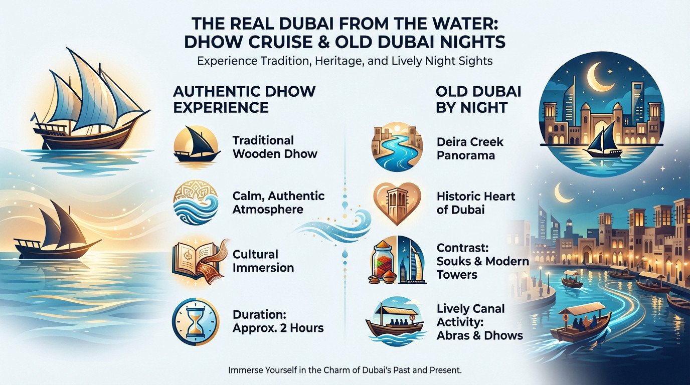 Illuminated traditional wooden dhow boat sailing on Deira Creek at night with city skyline in background