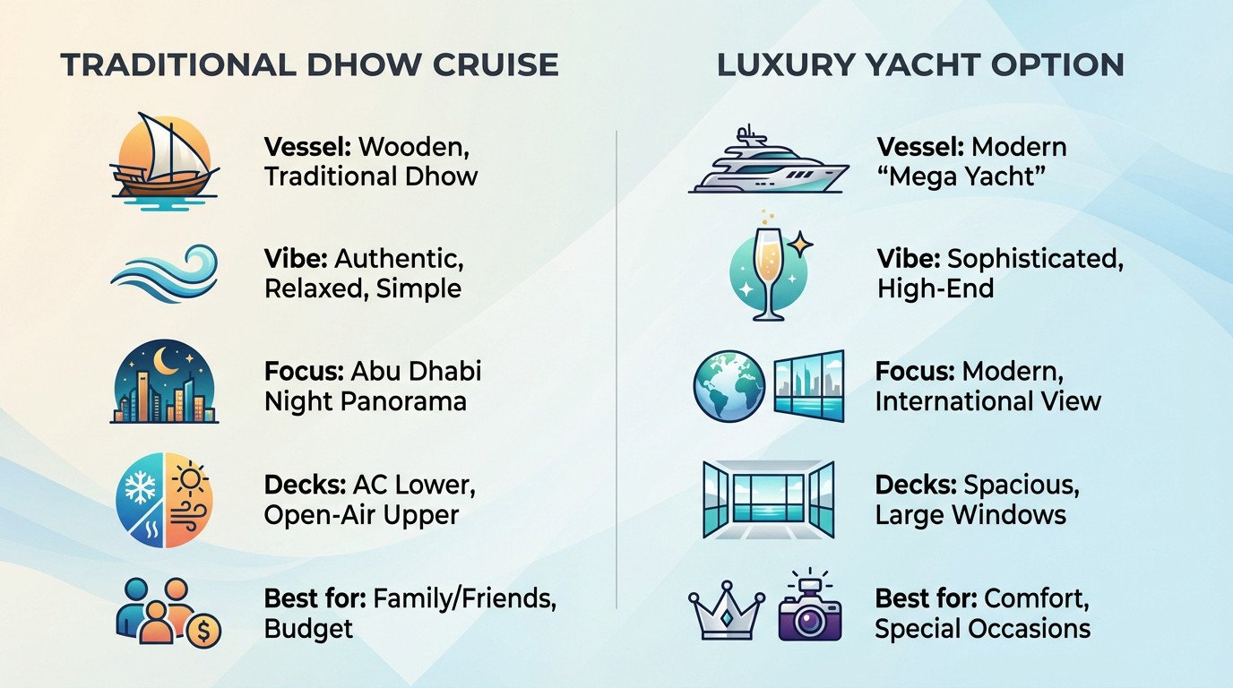Comparison between a traditional wooden dhow and a modern luxury yacht sailing at night in Yas Marina