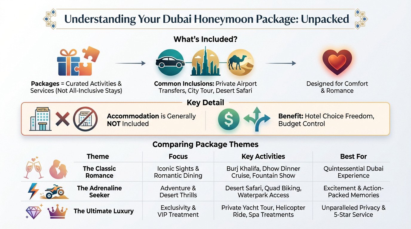 Breakdown of a typical Dubai honeymoon package components showing activities and transfers