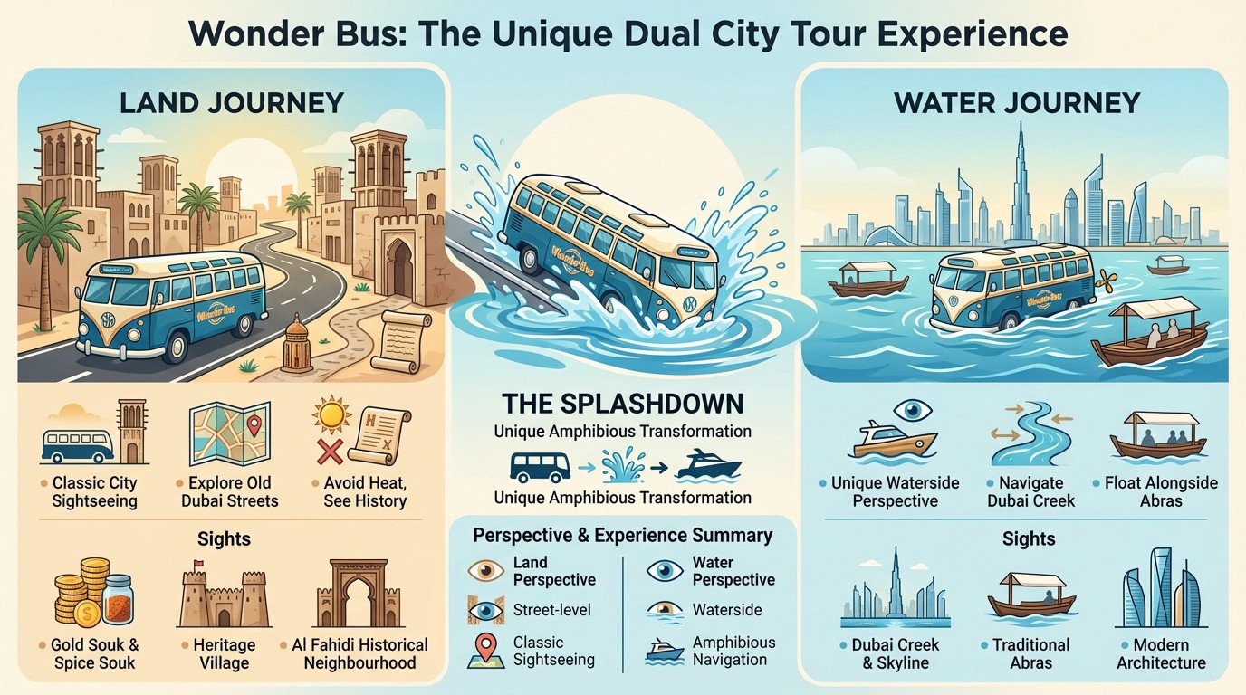 Yellow amphibious Wonder Bus splashing into Dubai Creek for a dual land and water tour